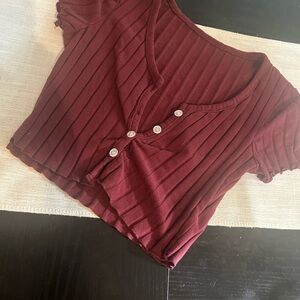 Women's Burgundy Button-Up Ribbed Top